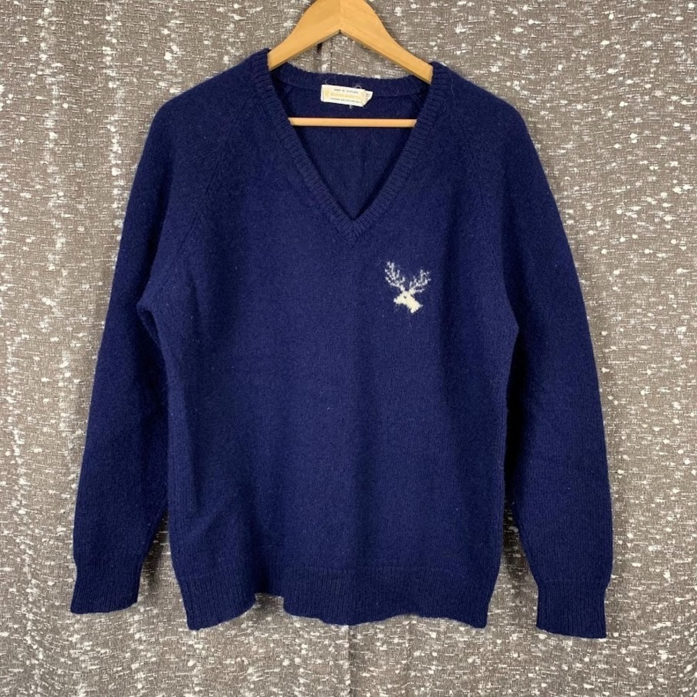 Vtg Kinloch‎ Anderson Knit Wool Pullover Deer Sweater Blue Preppy Winter Mens 44